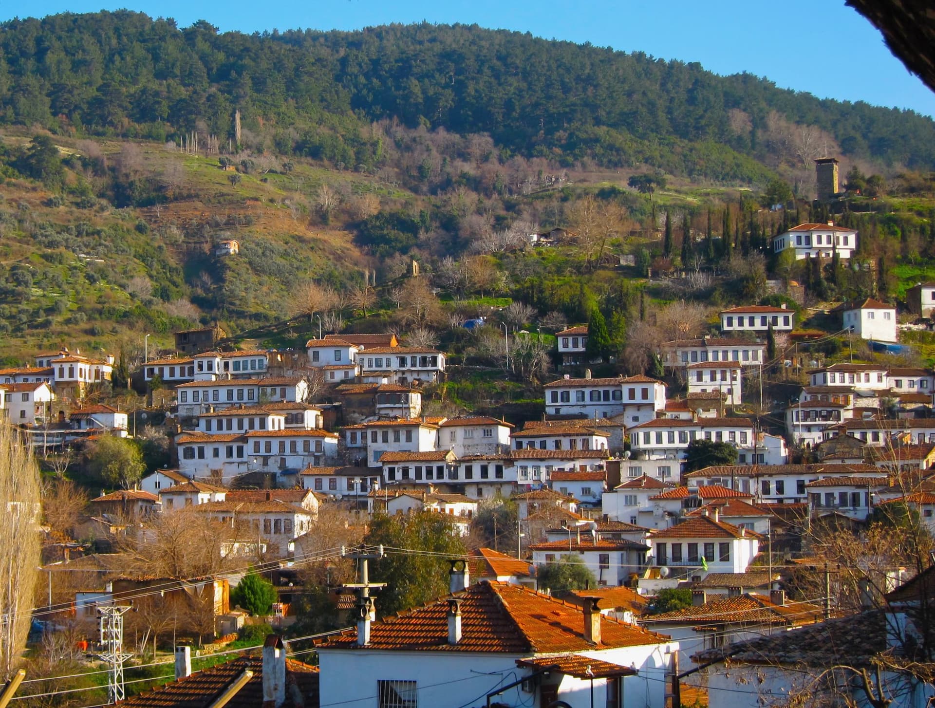 Aerial view of a hillside village of white houses with orange-tiled roofs