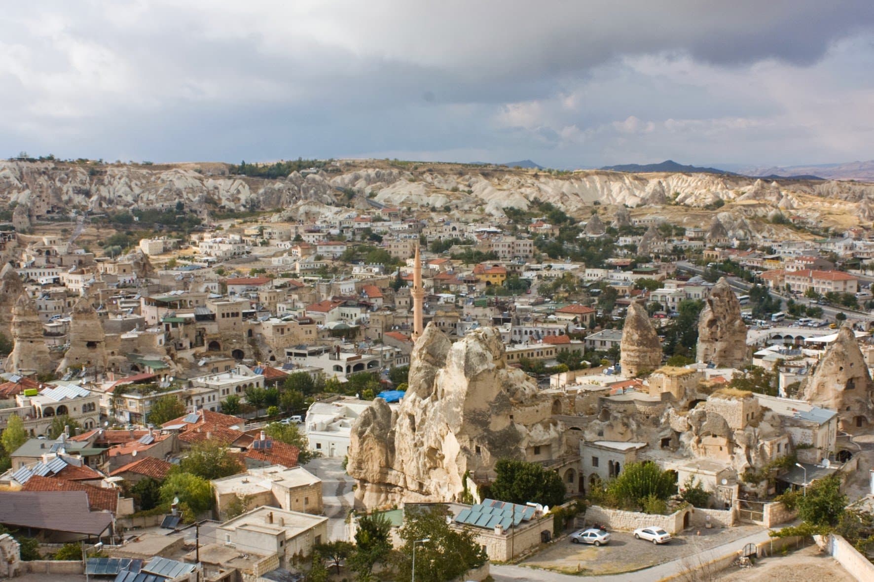 Aerial view of Uchisar town with its rock-cut castle rising above the rooftops