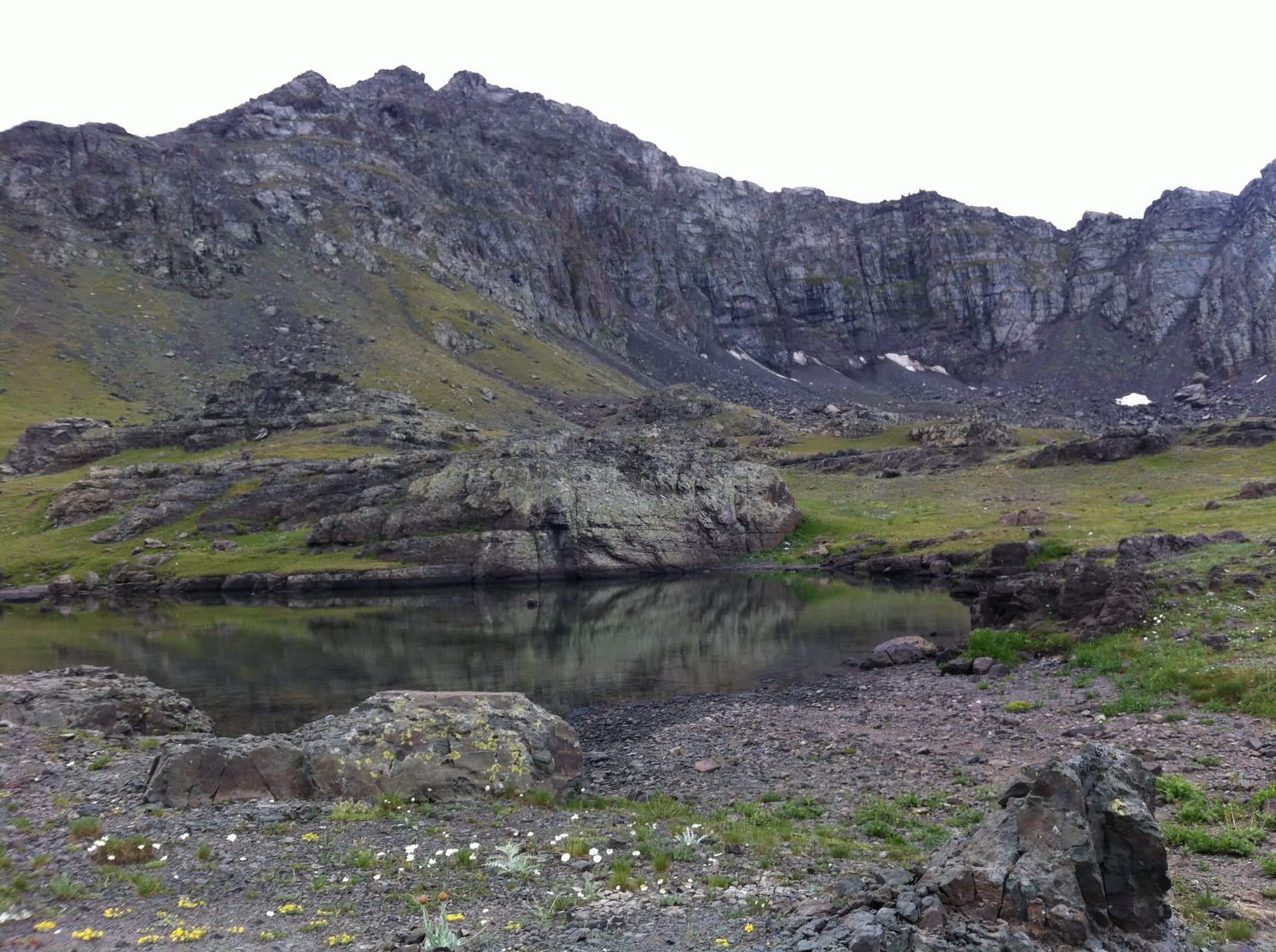 Clear mountain lake reflecting jagged rock walls in the Kackar Mountains