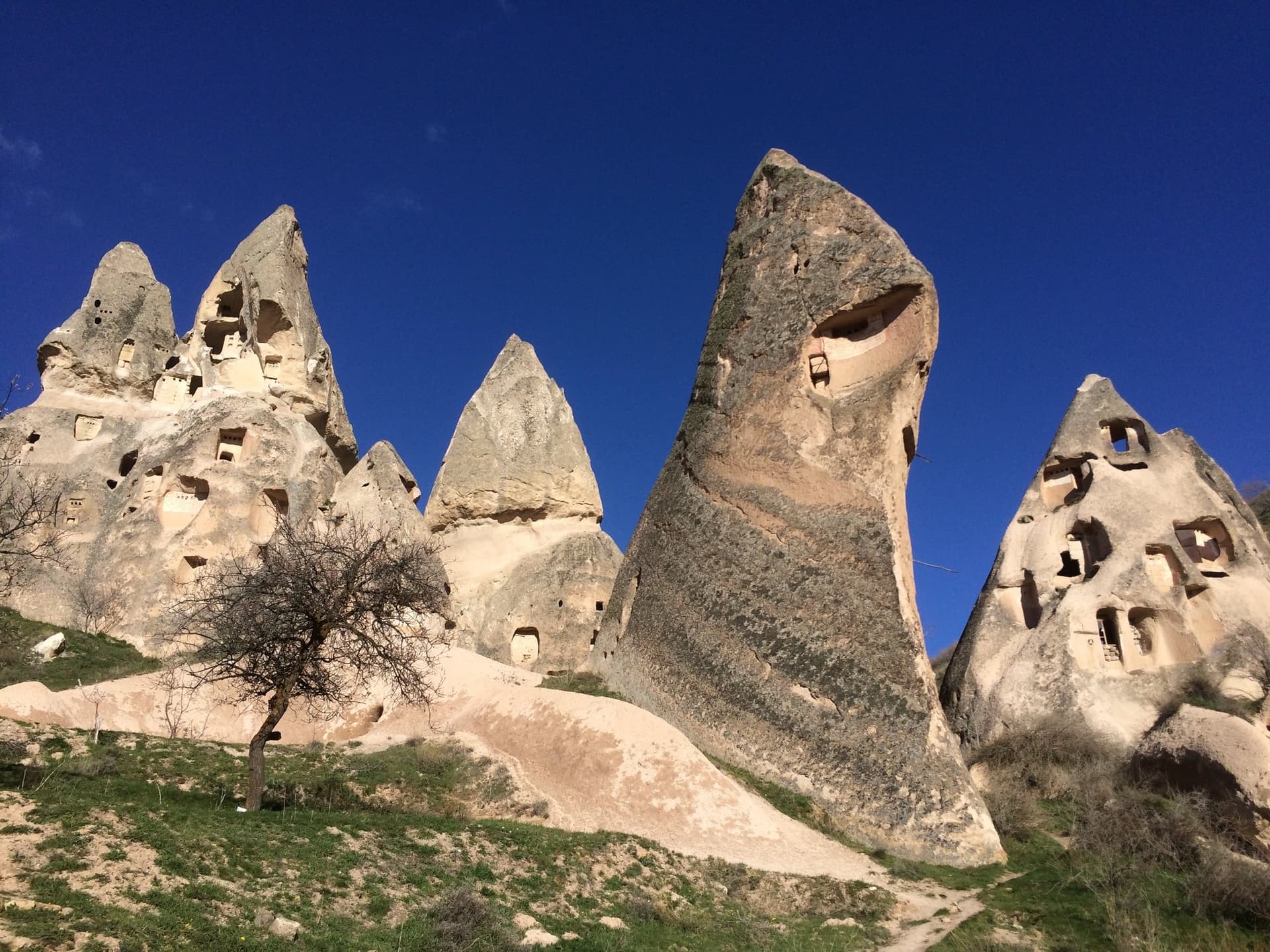 Cluster of tall fairy chimneys with carved windows against a deep blue sky