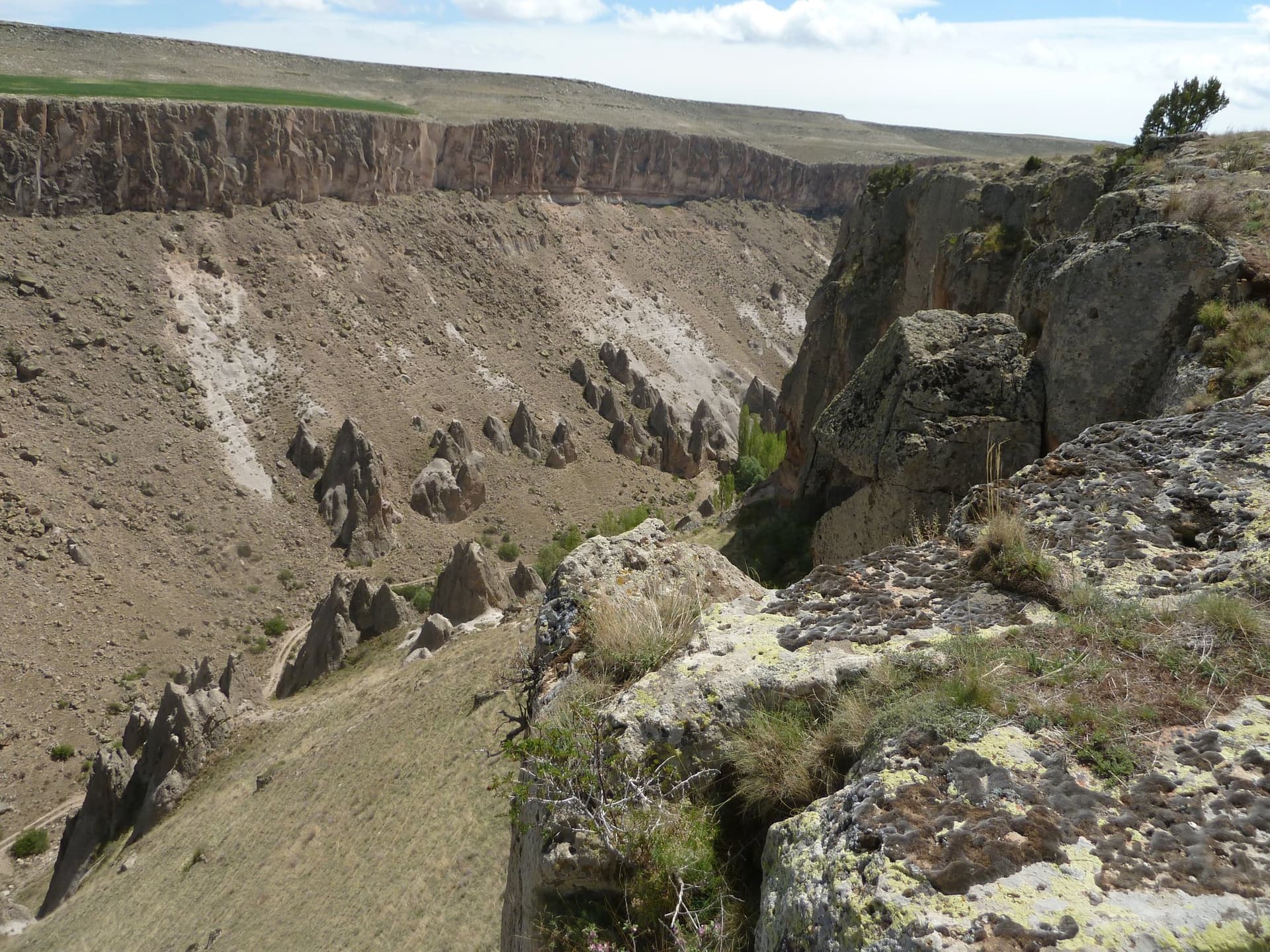 Deep canyon lined with eroded rock pinnacles and layered cliffs in Cappadocia