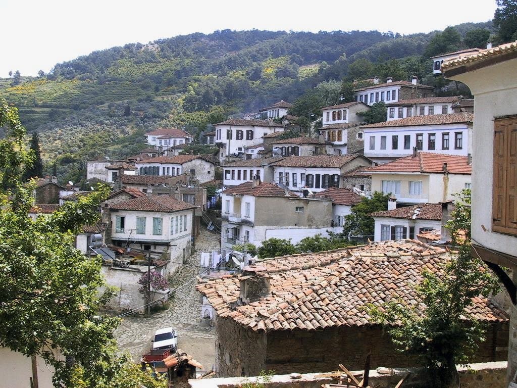 Hillside village of white houses with red-tiled roofs on the Aegean coast