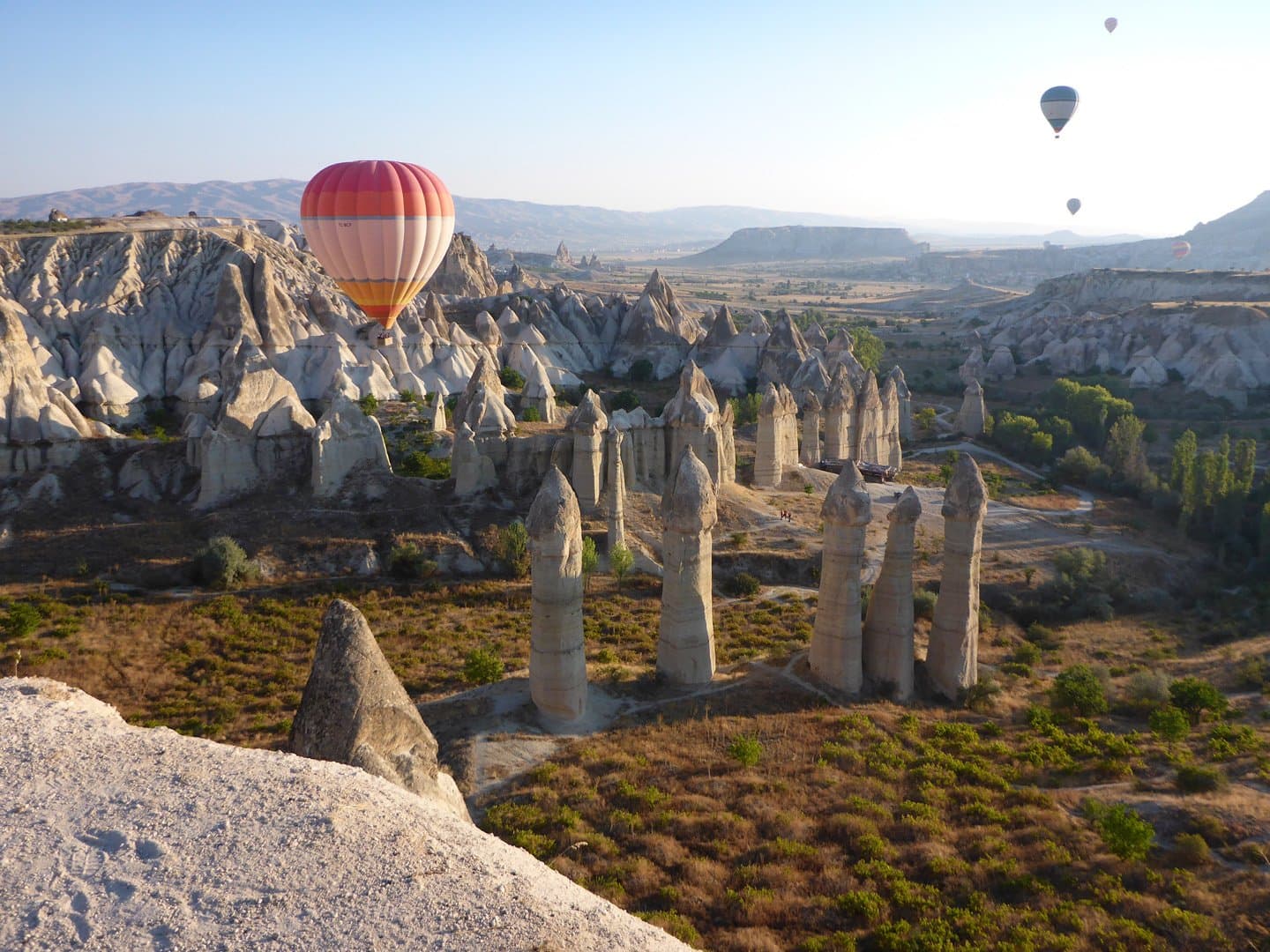 Hot air balloons drifting above rows of fairy chimney rock formations in Cappadocia