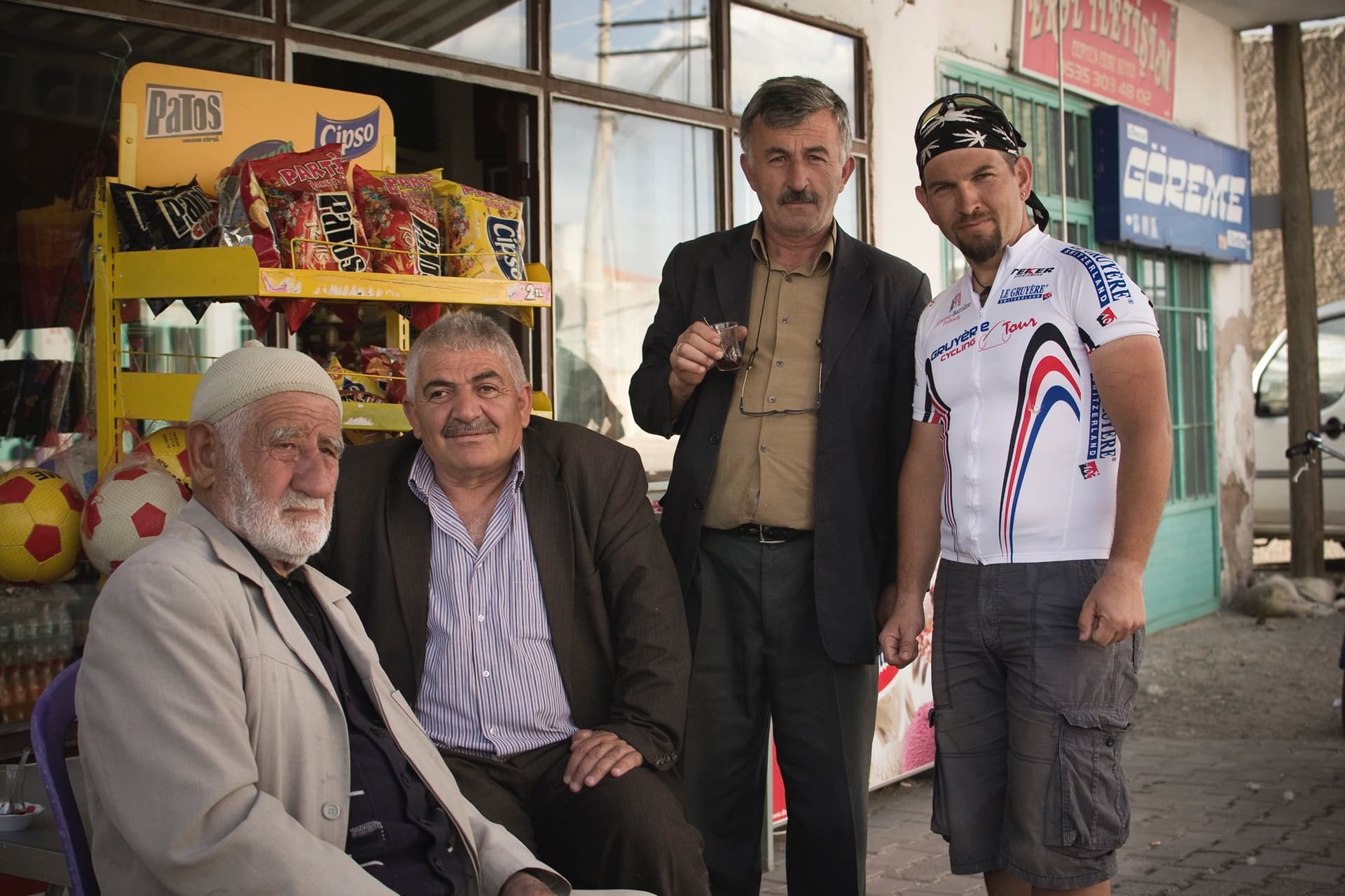 Local men gathered outside a small village shop in Cappadocia