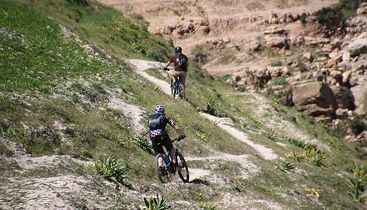 Mountain bikers descending a grassy hillside trail in the Atlas Mountains, Morocco