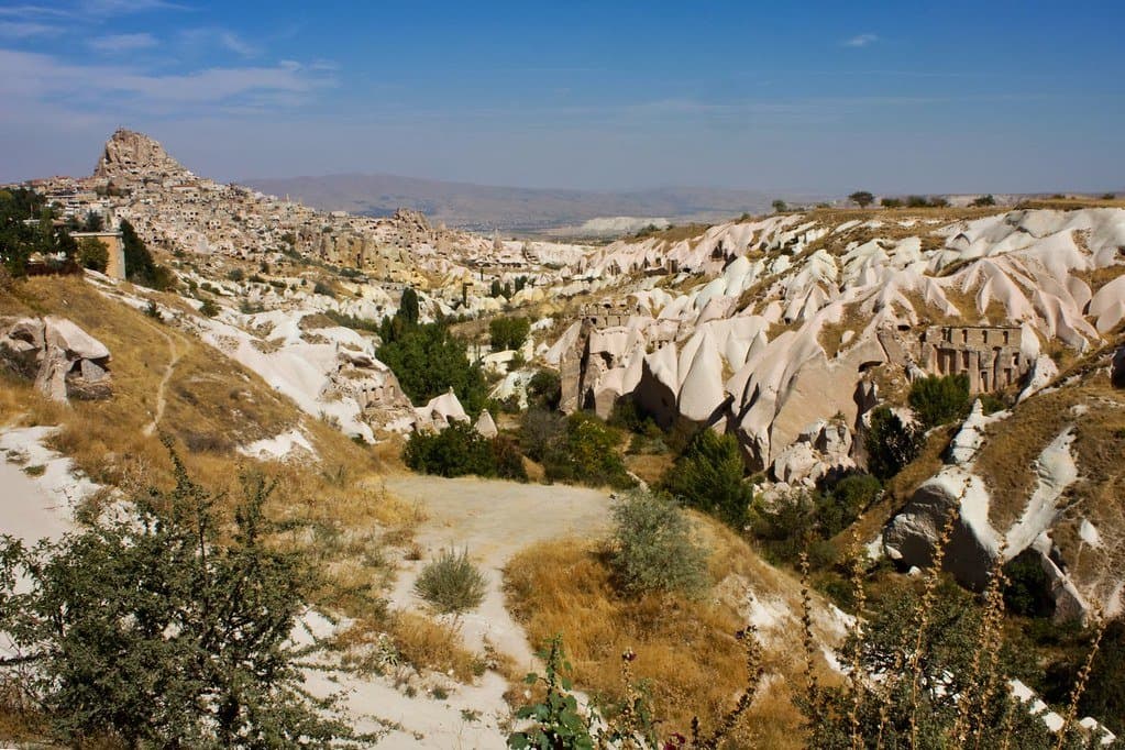 Panoramic view of a Cappadocia valley with eroded cliffs and cave dwellings