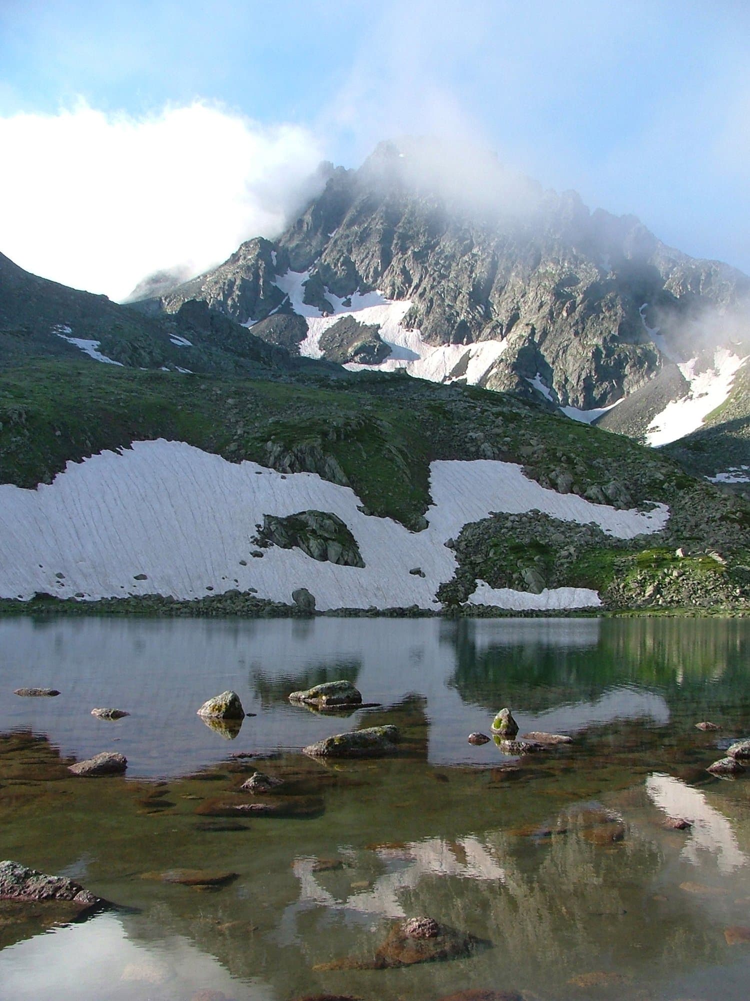 Snow-flecked peaks of the Kackar Mountains reflected in a clear alpine lake
