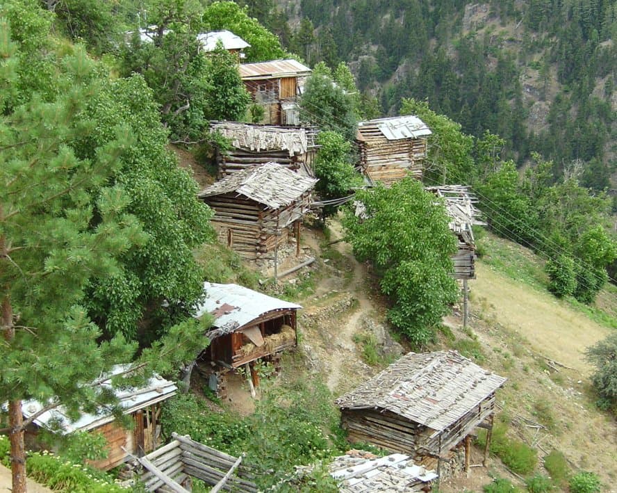 Weathered wooden storage huts perched on a steep green hillside in the Kackar Mountains